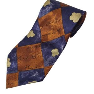 Marco Delli Silk Necktie, Geometric Diamond Checkered Pattern Rust Blue